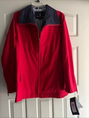 NWT London Fog Poppy Red Outerwear RainCoat w/Navy Contrast Collar size PL